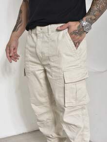 Men's Casual Cargo Pants With Multi-Pocket Design And Elastane - Màu be - Xem 6