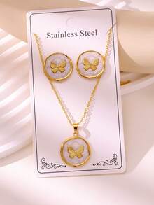 VJS 1 Set 304 Stainless Steel 18K Gold Plated Three-Color Round Butterfly Earrings & Necklace Set, Low Allergy, Rust-Resistant, Cute Accessories - Butterfly - View 4