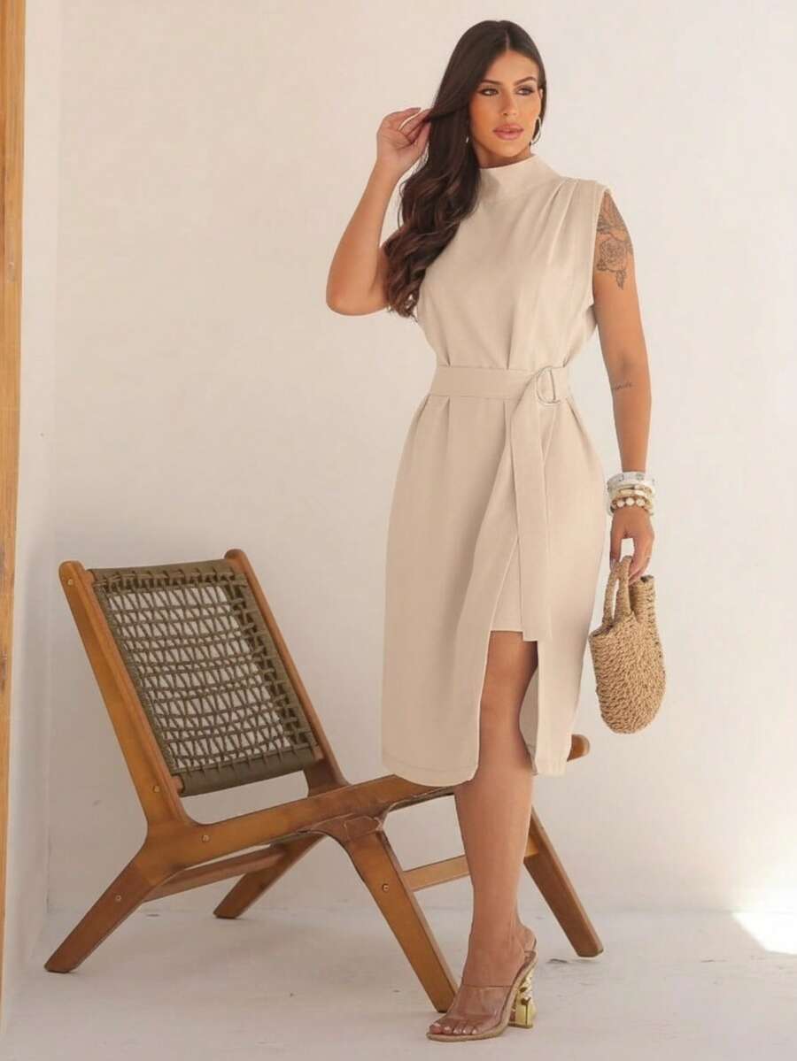 Elegant Midi Dress With Belt - Sensational Summer 2025 Look, Sophisticated And Fresh - khỏa thân - Xem 1