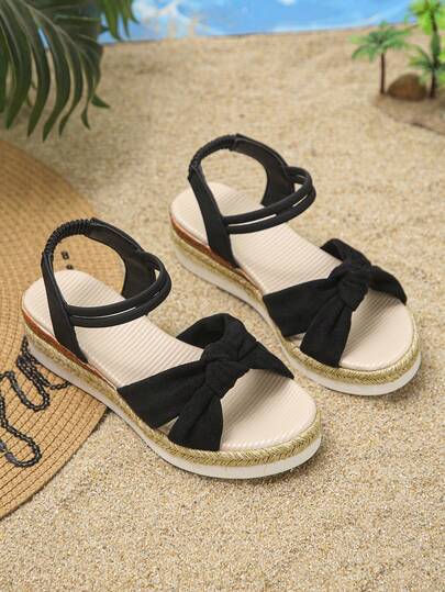 1双儿童夏季凉鞋，尺码偏小，纯色时尚简约套脚交叉蝴蝶结舒适厚底厚底凉鞋，适合日常穿着