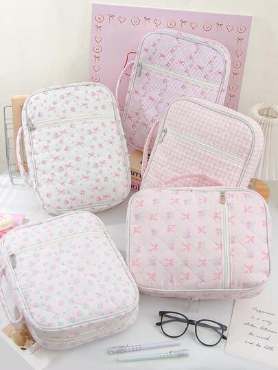 1 件装泡沫绗缝圣经保护套，粉色花卉蝴蝶结图案圣经收纳袋，大容量文具收纳袋，便携式日记本保护套，带提手，可爱笔记本收纳袋，学习用品整理袋，可爱心形图案日记工具整理袋，儿童绗缝书套，圣经手提袋