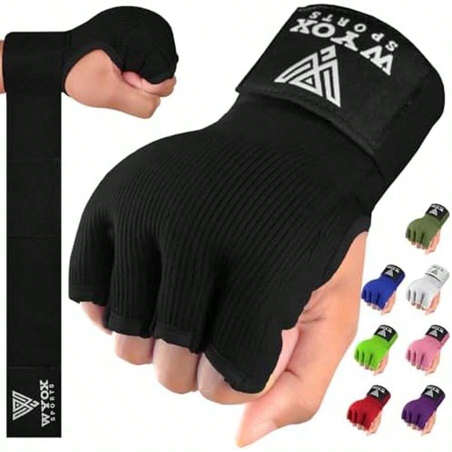 WYOX Vendas de Gel Boxeo, Guantes Interiores para Hombre y Mujer, Correa de muñeca de 80 cm, Soporte Acolchado para Nudillos, Vendas sin Dedos para Entrenamiento de MMA - S/M-Negro - Ver 1