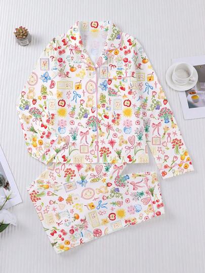 两件套休闲花卉、水果和蝴蝶结印花女士睡衣套装，舒适长袖上衣和松紧腰长裤，适合假日派对、四季居家休闲、秋冬季穿着。