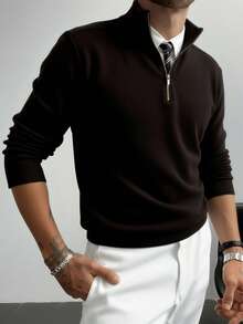 Men's Casual Long Sleeve Half-Zip Pullover Sweater, Versatile For Daily Wear - Black - View 1