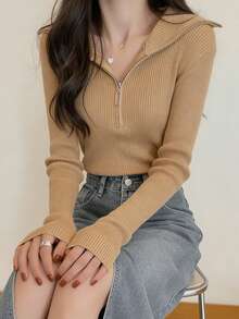 女士休闲时尚拉链半领长袖针织毛衣上衣，修身设计，春季款 - 金杏色 - 查看 6