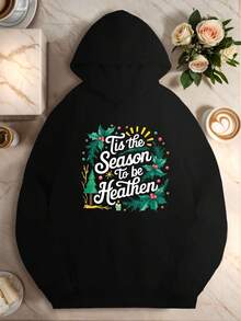 Cozy Plus Size Women-S Hoodie With Geometric Print - Casual Longeeve,  Pocket, Polyester Knit For FallWinter - Đen 15 - Xem 1