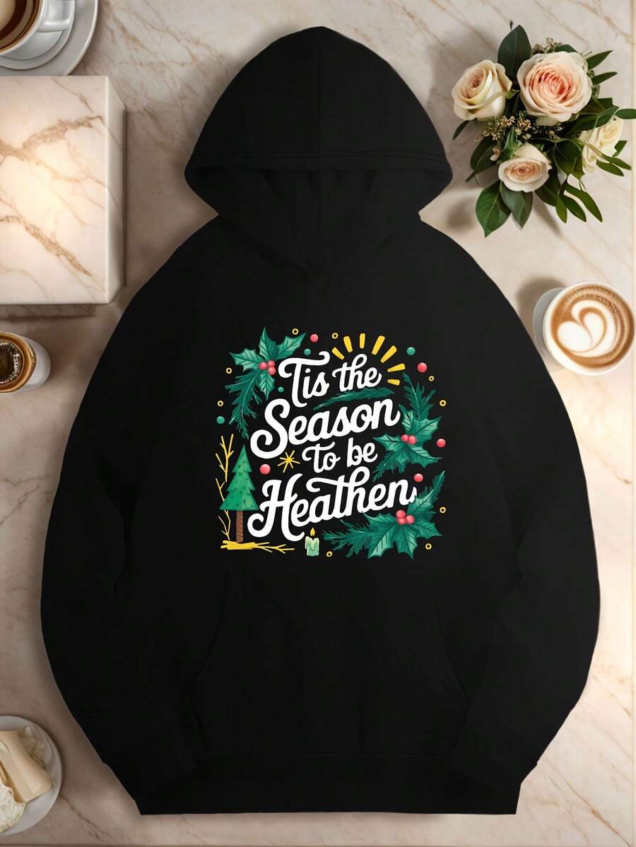 Cozy Plus Size Women-S Hoodie With Geometric Print - Casual Longeeve, Pocket, Polyester Knit For FallWinter - Đen 15 - Xem 1