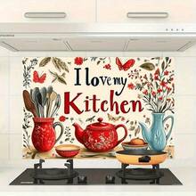 1张2D平面PVC厨房装饰贴纸，印有“我爱我的厨房”字样——防水、防油、防刮擦，简约设计，适合现代厨房或家居装饰；适用于墙壁、橱柜、衣柜和塑料表面。 - 彩色 - 查看 11