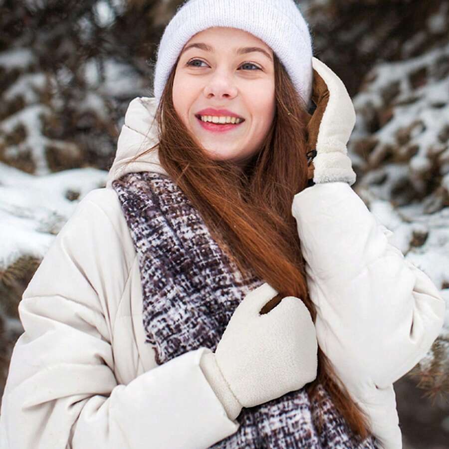 Women's Winter Warm Gloves Contrast Color Fleece Mitten Womens Thermal Lined Glove For Cold Weather Outdoor Activities - 白色 - 查看 1