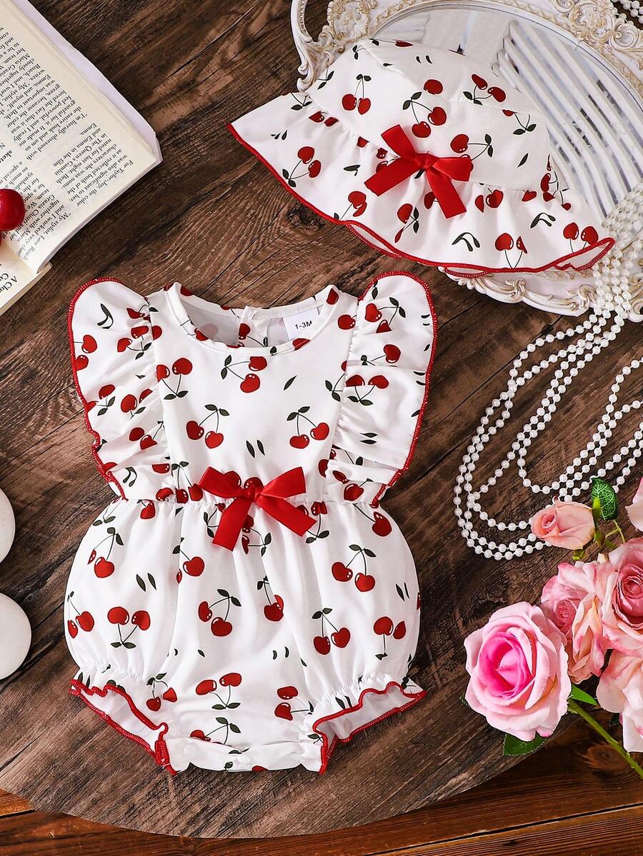 2pcs Baby Girl White Cherry Print Sleeveless Bodysuit & Hat Set, Spring/Summer - White - View 1