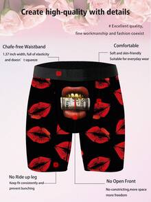 1条装俏皮可爱男士休闲平角内裤，饰有红色嘴唇印花，品牌内衣，针织面料，透气吸湿，柔软亲肤。情人节送给男友的完美礼物。新奇男士短裤。 - 彩色 - 查看 6