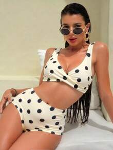 Women's Fashionable & Elegant Polka Dot Bikini Set, Crossover Strap High Waist Swimsuit, Contrast Binding, Stretchy Fabric Summer Beach 2 Pieces Vacation - Champagne - View 1