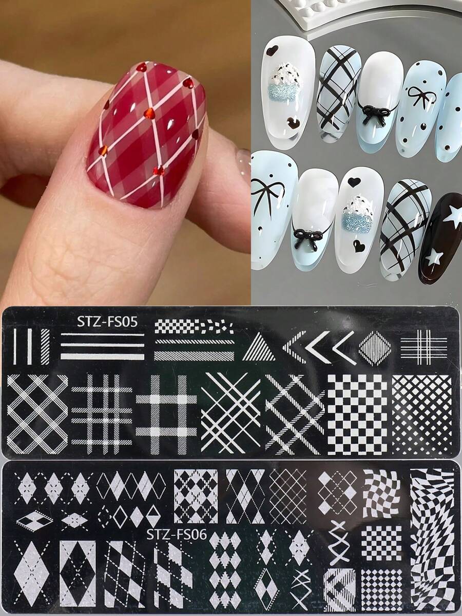 2件組格紋線條幾何圖案美甲印花鋼板套組，可愛日系方格菱格DIY美甲轉印印刷模板工具，適用於居家DIY與美甲沙龍，節日美甲裝飾用品
