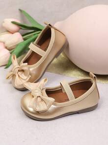 1 Pair Girls' Lace Bow Soft Bottom Sweet Cute Princess Style Slip-On Flat Shoes, Suitable For Spring & Autumn - Gold - View 5