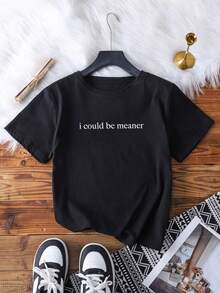 I Could Be Meaner Funny Quote Casual Round Neck Short Sleeve Women Fashion T-Shirt Humorous Slogan Tee Summer Loose Fit - màu đen - Xem 1