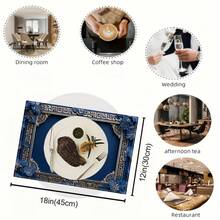 1/4pcs Blue Linen Placemat - 12*18 Inch, Geometric Border, Blue Floral Design | Suitable For Holiday Party, Home Kitchen Decoration - 12x18英寸 - 查看 4
