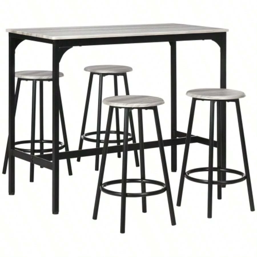HOMCOM Bar Table Set With Bar Stools, 5-Piece, Kitchen Table And 4 Bar Stools, Industrial Style, For Kitchen And Dining Room, Metal, Grey - Black - View 1