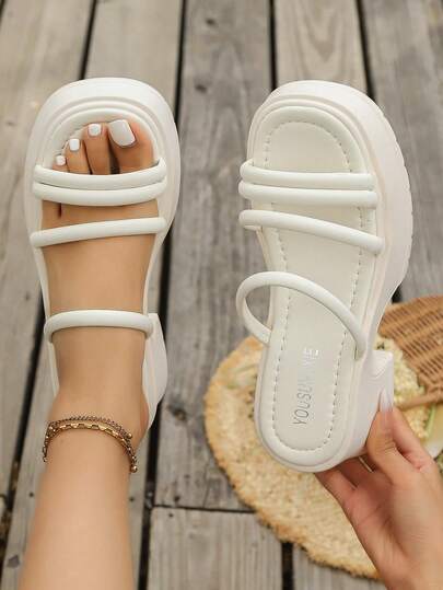 Women's New Fashion Square Toe Solid White Lace-Up Sandals, Comfortable Thick Sole Woven Open Toe Slides, Stylish And Elegant Outdoor Wear
