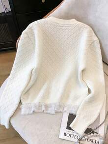 French Romantic Lace Patchwork Round Neck Hollow Pearl Button Knitted Cardigan - White - View 2