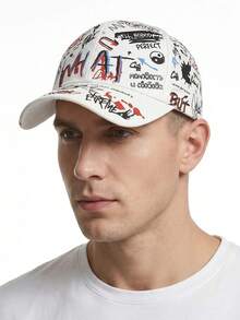 1 Peça Boné de Beisebol Estilo Grafite Unissex, Impressão de Letras de Moda de Rua, Ajustável, Adequado para Viagens e Férias ao Ar Livre, Branco, Preto - Multicolorido - Visão 1