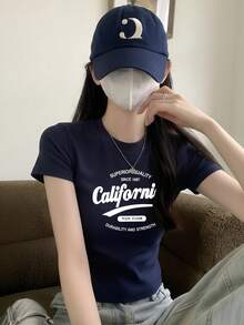 加州蓝字母印花露脐短款上衣，圆领短袖露脐设计，适合夏季穿着；白色露脐短款上衣，性感风格，休闲短袖T恤 - 藏青色 - 查看 4