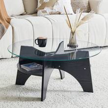 Modern Round Side Table In Durable Glass - Ø 80 Cm, Multifunctional Design. Compartment-Shaped Structure. MDF Table Legs With A Black Wood Finish. Ideal For Dining Room, Living Room, Office, Etc.
