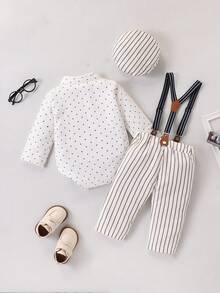 Conjunto de roupa de cavalheiro para bebê menino, 3 peças: Camisa de manga comprida + Calça listrada com suspensórios + Chapéu listrado, Terno formal para festa de aniversário infantil - Branco - Ver 6