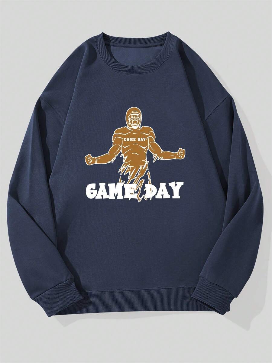 Sudadera Casual de Cuello Redondo con Patrón de Jugador de Rugby para Hombre - Azul Marino - Ver 1