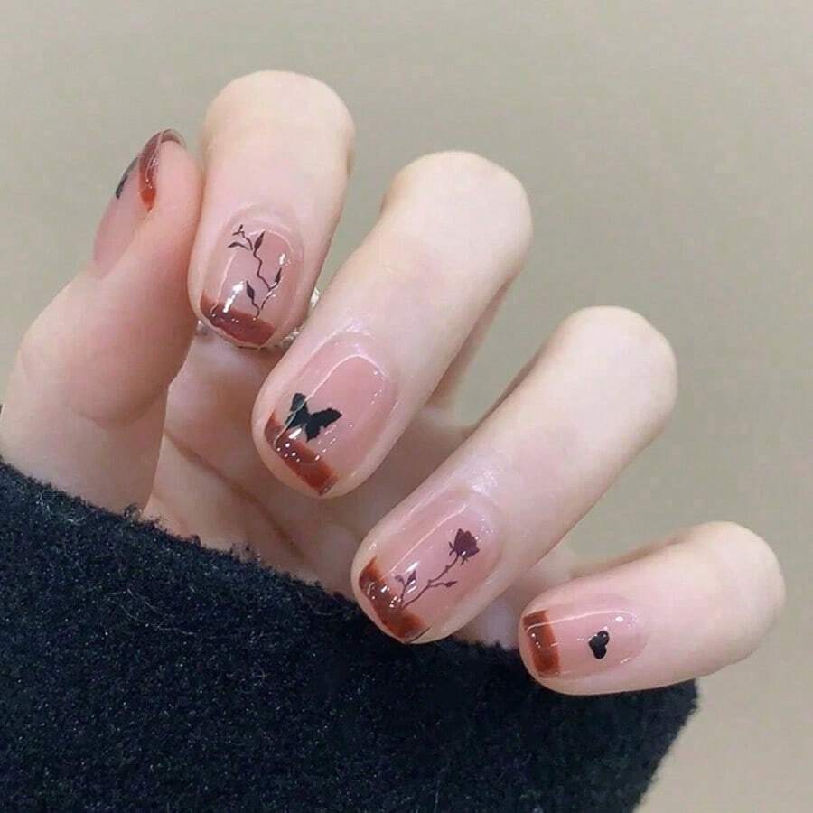 Autumn/Winter French Sweet And Cool Millennial Style Niche Color Blocking Gentle Brightening Short Nail Stickers (24 Pieces) - Super Pretty And Makes Your Skin Look Brighter - Nhiều màu - Xem 1