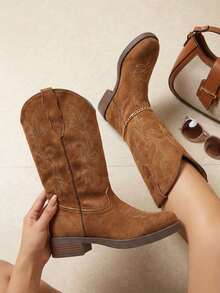 Botas vaqueras bordadas para mujer, de media caña y punta redonda, estilo vaquera, a la moda. - Marrón Mocha - Ver 2