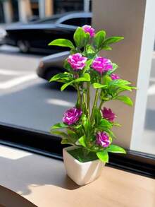 1 pieza Flor de rosa silvestre artificial y realista de colores rojo, rosa, púrpura y naranja en un jarrón cuadrado blanco para decoración del hogar, mini ornamento de arreglo