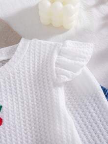 2 Potong Setelan Kasual Anak Perempuan, Atasan Lengan Panjang Motif Ceri Bordir Warna Polos dan Celana Motif Denim Imitasi, Musim Semi/Musim Gugur - Putih - View 4
