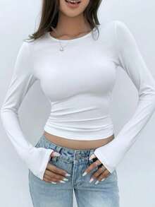 女士休闲修身圆领长袖T恤 - 白色 - 查看 2