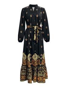 Spring /Summer Women's Dress, Vintage Print Dress With Belt And Buttons