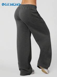 GEMCHO 1pc Women's Drawstring Waist Loose Wide Leg Casual Sweatpants With Pockets, Knit Fabric With Slight Stretch, Suitable For Leisure, Running, Jogging, Fitness, All Season Long Pants - Dark Grey - View 2