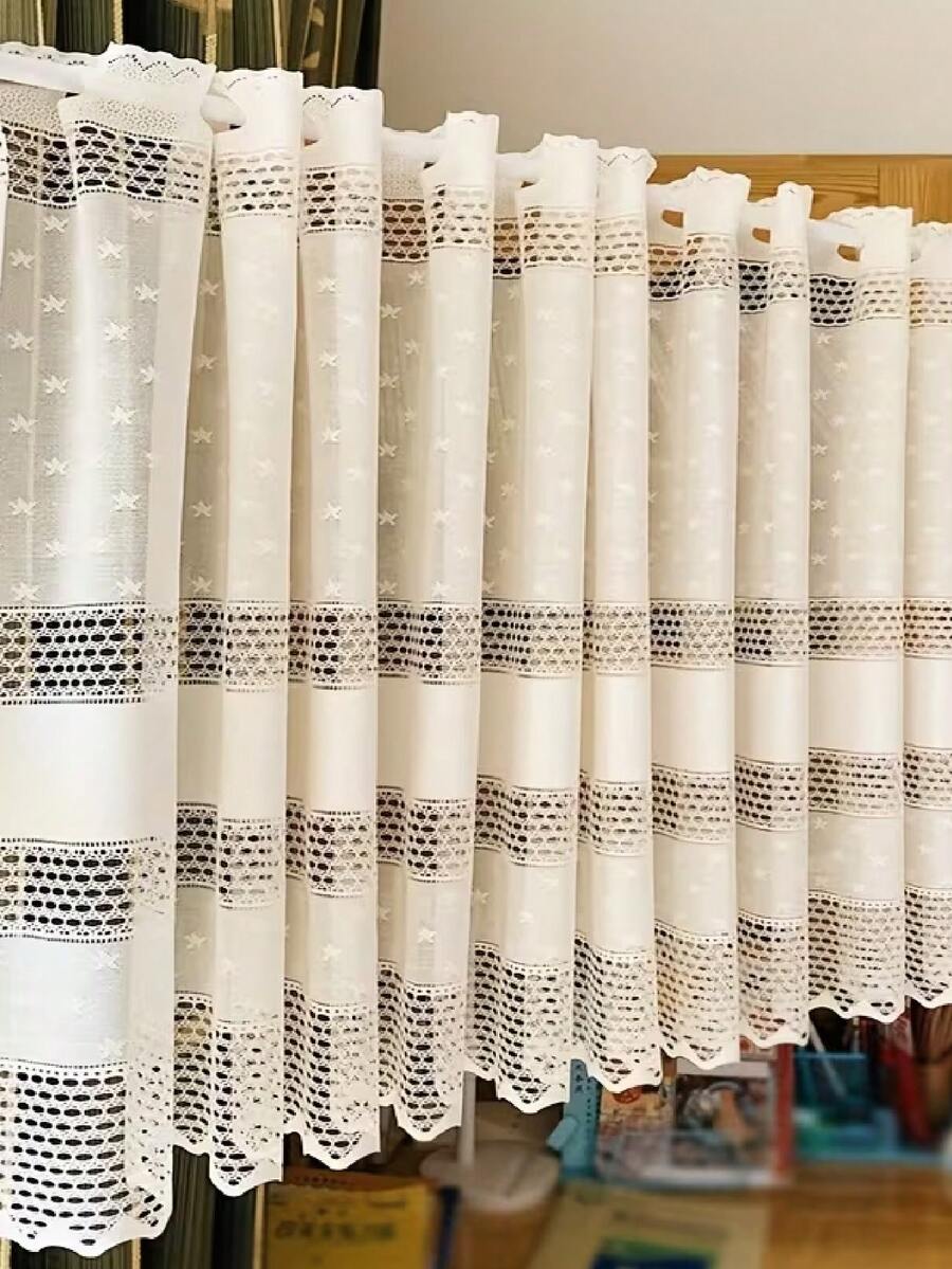 1 件米色蕾丝短窗帘 - 无孔，半帘，隔断，遮挡小窗户，非常适合厨房、咖啡厅、卧室、门、橱柜、家居装饰 - 增添优雅气息，过滤光线，易于安装