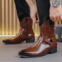 26 đôi bốt cao bồi miền Tây dành cho nam, bốt cổ cao đến giữa bắp chân có nút cài, bốt kiểu Anh có khóa kéo bên hông, giày da cao cổ, giày cao cổ, giày nam, bốt da nam. - màu nâu - Xem 9