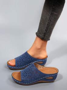 Giày sandal đế xuồng cao gót mới dành cho nữ, nhẹ và thoải mái, kiểu dáng hở mũi thoáng khí, phù hợp cho mùa hè, đi biển, có size lớn. - Màu xanh hải quân - Xem 1