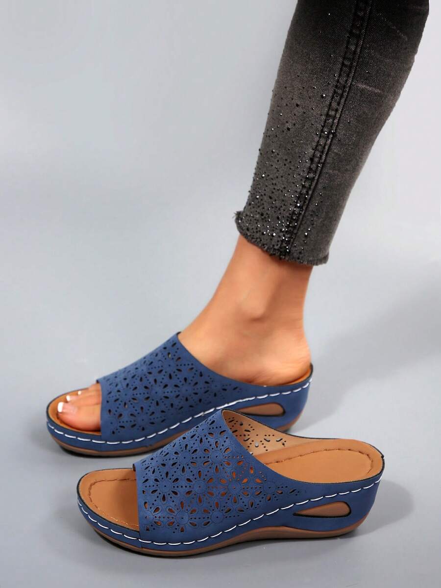 Giày sandal đế xuồng cao gót mới dành cho nữ, nhẹ và thoải mái, kiểu dáng hở mũi thoáng khí, phù hợp cho mùa hè, đi biển, có size lớn. - Màu xanh hải quân - Xem 1