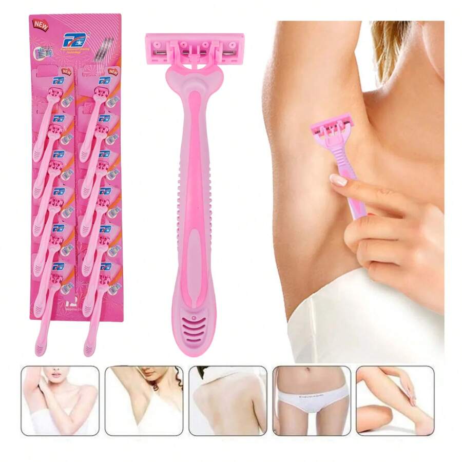 FD Juego de Rasuradoras desechable 12 piezas con mago ergonómico antideslizante Kit de Rastrillos de Triple Hojas de acero inoxidable Tira lubricante de Aloe y Vitamina E Cabezal flexible y lavable Paquete de Afeitadora manual para hombre y mujer