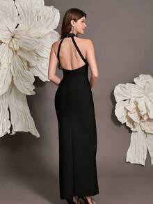 Handmade Beaded Backless Knit Bandage Dress, Luxury European Style, Sexy Fitted Cocktail Party Gown For Family Holidays - Black - View 7
