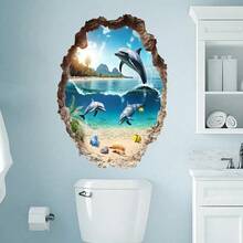 1 Set Blue Ocean & Dolphin Decorative Wall Stickers, Self-Adhesive For Bathroom, Living Room, Bedroom, Removable Home Decor - Baby Blue - View 5