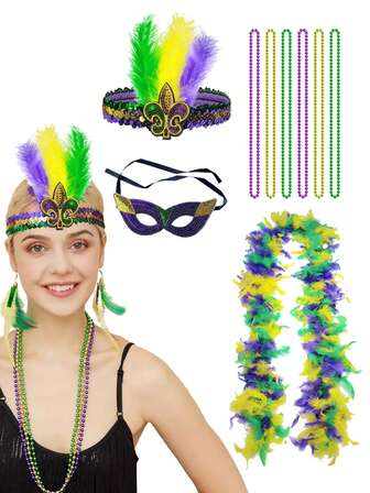 9 delar D EXCEED Mardi Gras-kostymtillbehörsset för kvinnor, konstgjord fjäderhuvudband och fjäderhalsduk, mask, karnevalspärlor - för karnevalstemafester, maskeradbaler, cosplay, dramaföreställningar, festklädsel