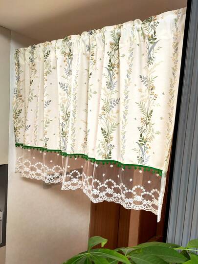 1件套柔软花卉印花短窗帘/帘幔/咖啡色窗帘，简约叶子图案半透明+白色蕾丝边+可爱绿色球形流苏门帘，家居/厨房装饰，复古窗饰，房间/墙面/厨房装饰，家居装饰小窗帘