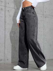Casual Ombre High Waist Wide Leg Jeans, Suitable For Everyday Wear - Black - View 4