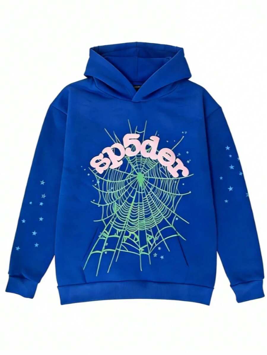 Autumn/Winter Clothing: Street-Style Hip-Hop Style Foam Spider Web Hooded Sweatshirt, Fashionable Sporty Hoodie. - 藍色 - 查看 1