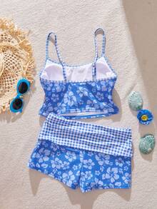 女士背心比基尼泳装，夏季T恤格子芙蓉印花沙滩上衣，内置胸罩/外套/生日装/休闲装/Y2K/2000年代/千禧年服装/优雅/老钱/街头风/度假装/女孩沙滩装 - 藍色 - 查看 10