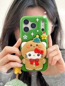 Sanrio 1pc Cartoon Stand Christmas KT Cat Phone Case Compatible With Apple 12/13/14/15/16/17/Pro Max - Green - View 3