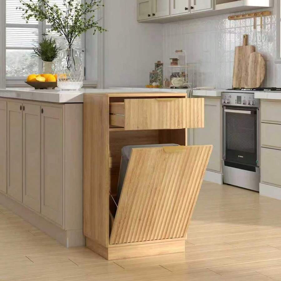 Tilt Out Trash Cabinet/Free Standing 10 Gallon Recycling Trash Can Cabinet / With Wave-Textured Hideaway Drawer&Pull-Out Bin/With Negative Ion And Deodorizing Function/ For Kitchen, Living Room - Màu sắc tự nhiên - Xem 1