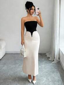Sedessea Elegante vestido de punto con hombros descubiertos para mujer, vestido plisado ajustado con decoración de perlas para verano - Albaricoque - Ver 7